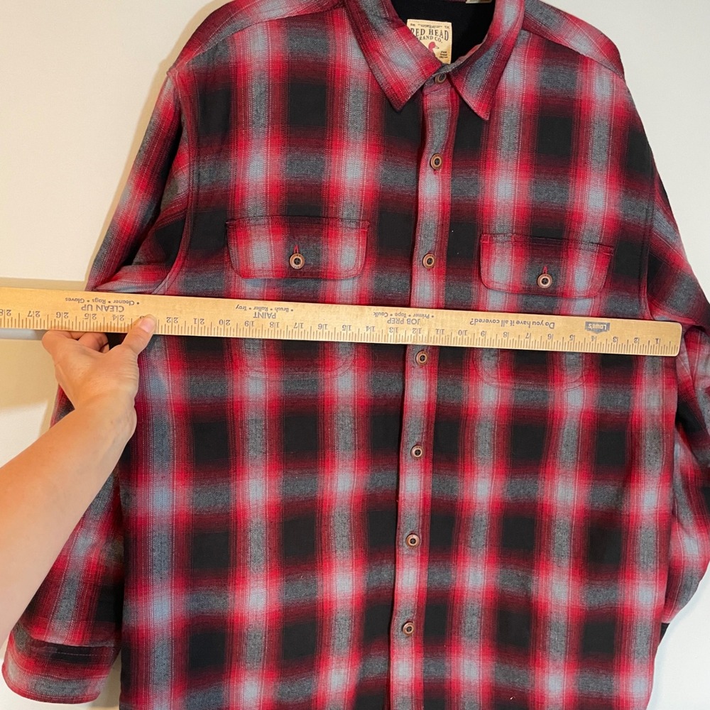 Red Head Mens L Fleece Lined Flannel Shirt Red Black Plaid Heavy Shacket Warm - Picture 4 of 7